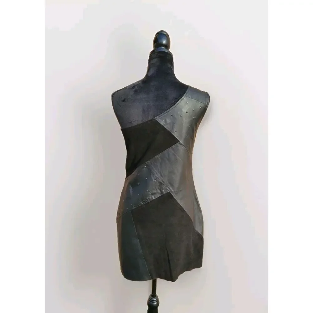 maria cher one shoulder studded leather Patchwork dress size 3 - Picture 4 of 8